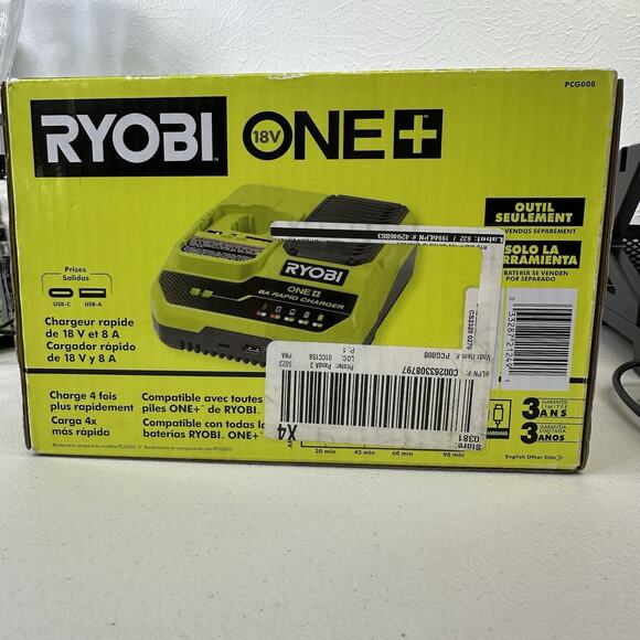 Ryobi One+18 Volt 8A Rapid Battery Charger PCG008 W/ USB-C and USB-A Ports - Picture 4 of 7